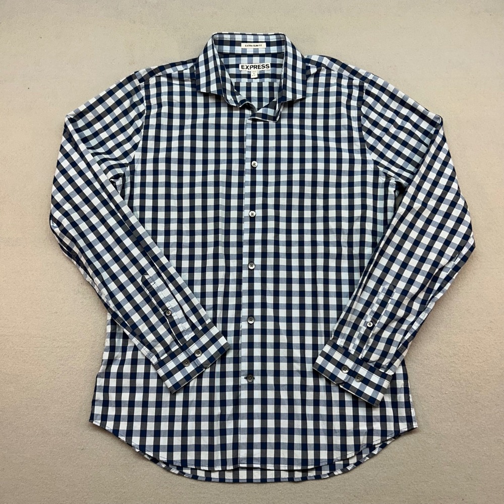 Express Extra Slim Fit Mens L Navy Blue White Gingham Cotton Button Down Shirt